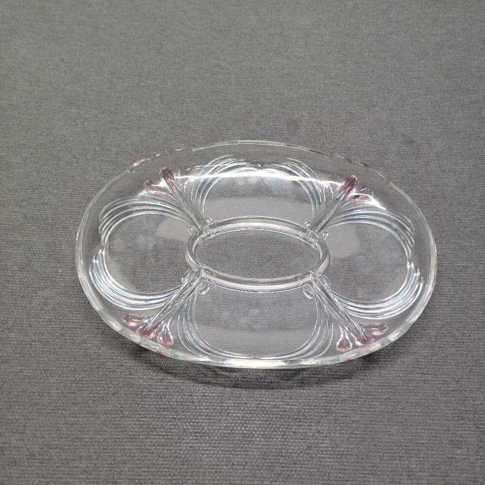 Vintage Crystal Divided Serving Platter Tray Pink Accent Art Deco Appetizer Dish